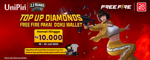 Juli – Top up Diamonds Free Fire Pakai Doku Wallet Dapatkan Potongan sebesar Rp 10.000 & Merchandise Free Fire!